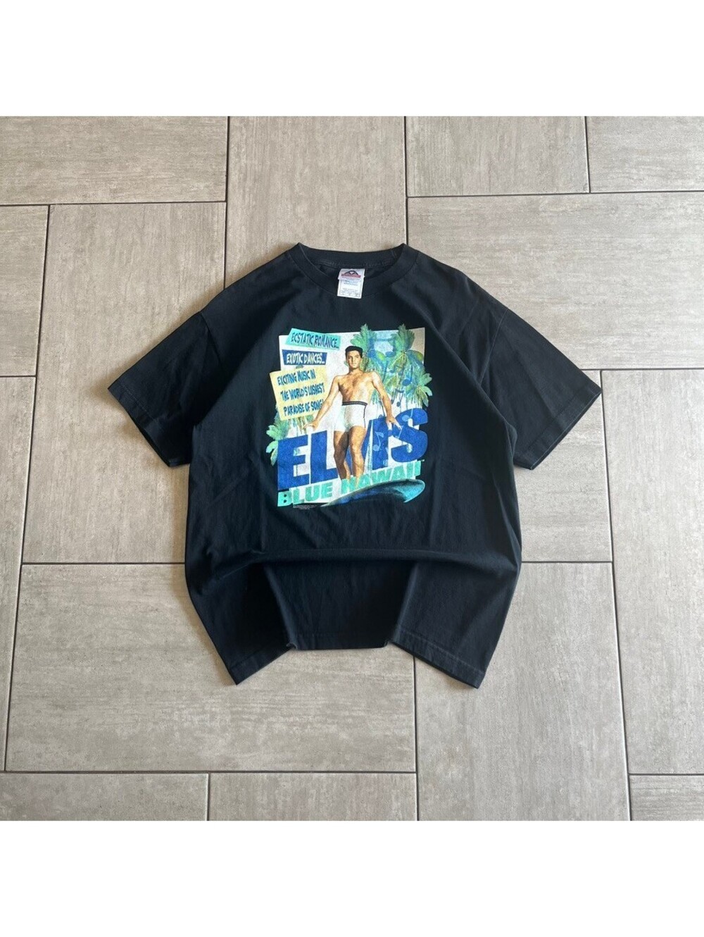 Vintage 90s AAA Elvis Blue Hawaii Graphic Black Cotton T-Shirt Large
